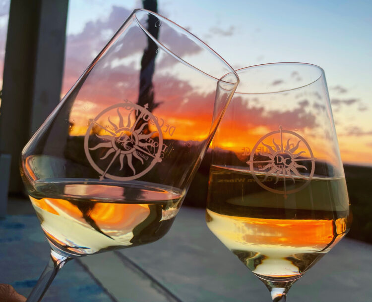 2 Chardonnay Glasses at Sunset