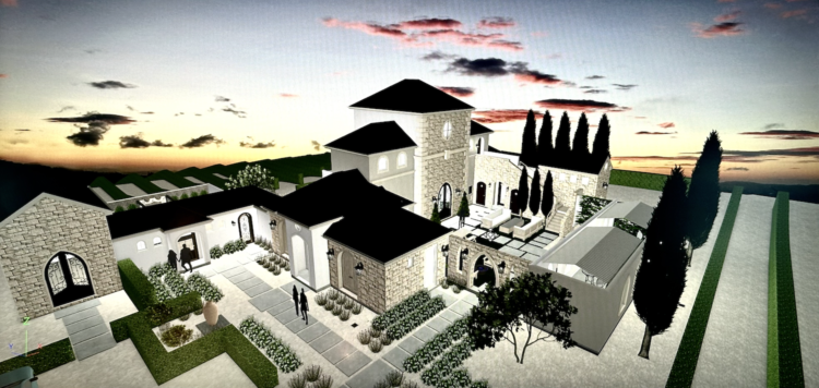 white walls, black roof, french chateau style guest suite digital replica with sunset in the background