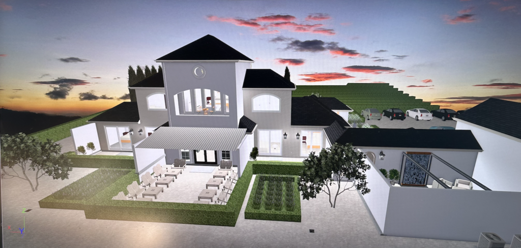 white walls, black roof, french chateau style guest suite digital replica with sunset in the background