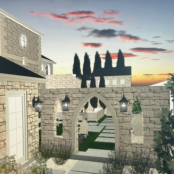 cobblestone textures, white walls, dark roof, tall trees making up a french style chateau guest suite with sunset in the background