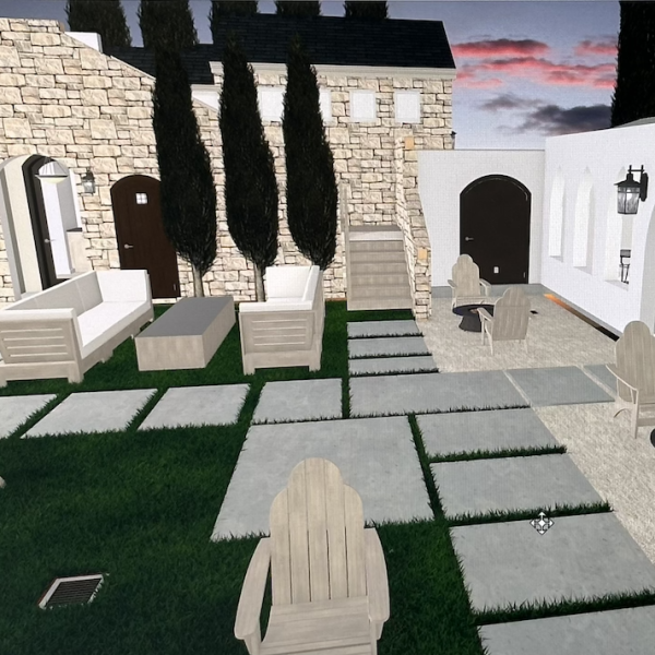 white walls, black roof, french chateau style guest suite digital replica with sunset in the background